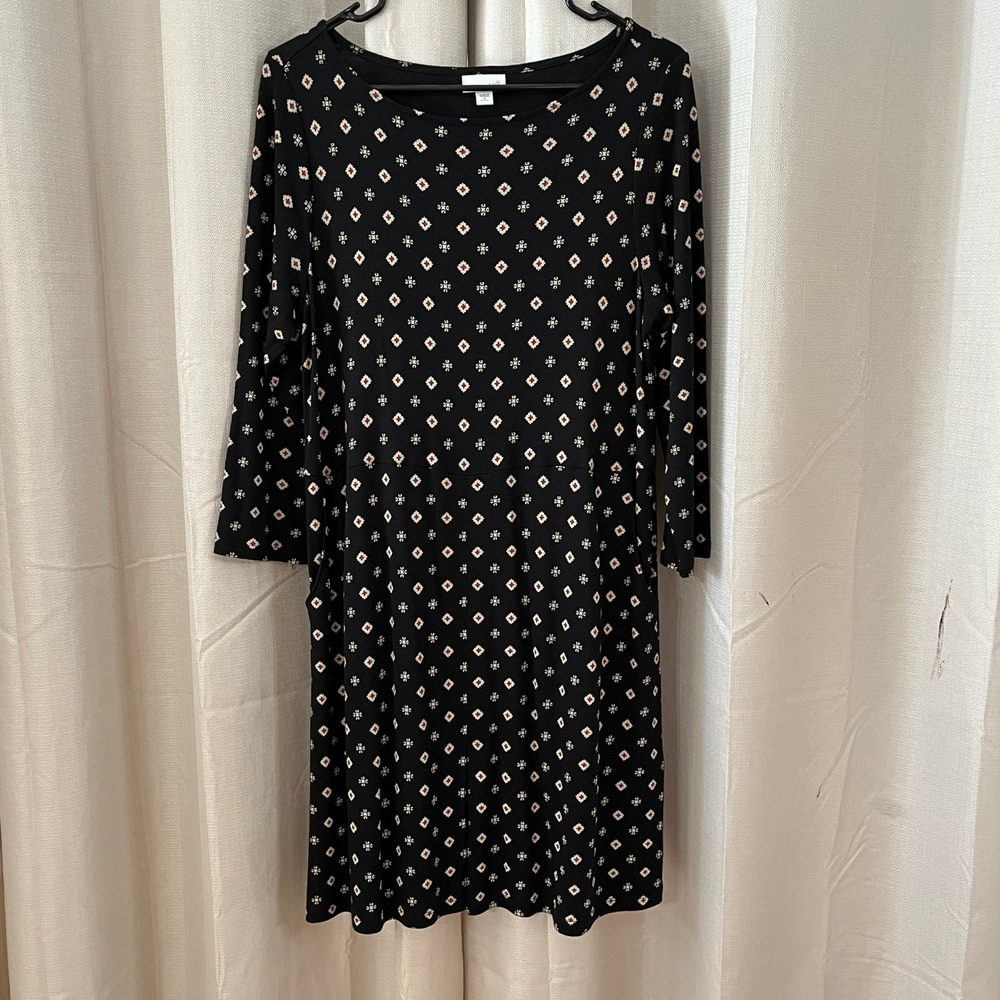 J. Jill Knit Dress Womens M Petite Black Geometric‎ Medallion 3/4 Sleeve Modest